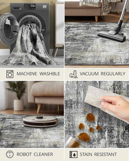Latte&Fog 3x5 Entryway Rug, Vintage Washable Area Rug, Boho Non Slip Low Pile Throw Carpet for Indoor Bedroom Bedside, Kitchen, Entry and Living Room - Black Gold