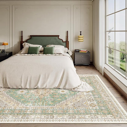 zesthome 6x9 Area Rug, Super Soft Washable Rugs for Living Room, Non-Slip Stain Resistant Vintage Rugs, Ultra-Thin Large Area Rugs (Green/Brown,6'x9')