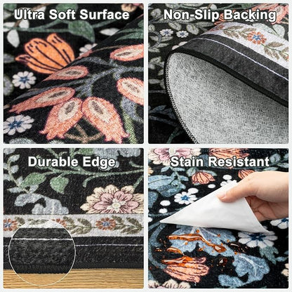 6x9 Area Rugs for Living Room: Floral Washable Rug Vintage Large Soft Boho Non-Slip Carpet Indoor Stain Resistant Thin Carpets for Bedroom Dining Room Farmhouse Nursery Hallway Home Office Dark Black