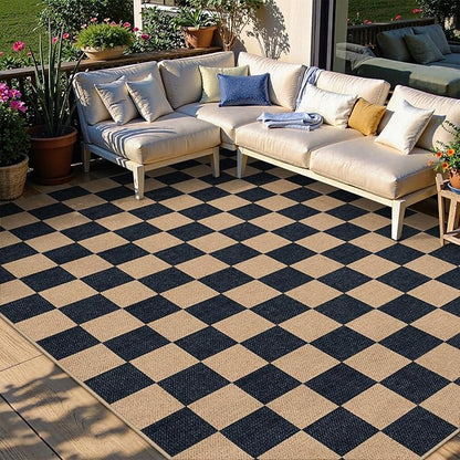 Lahome Colette Checkered Easy Jute Carpet, Washable Area Rug 6x9 Neutral Outdoor Patio Rug, Farmhouse Checkerboard Non Slip Non Shedding Floor Carpet for Dining Living Room Deck Sunroom