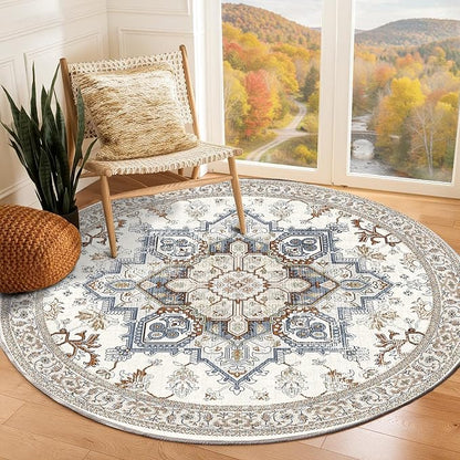 OPPODREAM Soft Round Rug 5ft, Neutral Washable Circle Rug 5ft with Non Slip Backing Play Room, Low-Pile Carpet 5 ft, Faux Cashmere Throw Carpet, Cream White & Blue & Light Brown