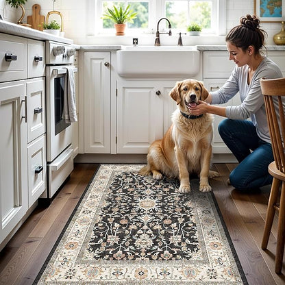 Washable 3x4 Entryway Runner Rug - Non-Slip Rugs for Kitchen Bedroom Beside Laundry Room Hallway Bathroom Soft Low-Pile Stain Resistant Pet & Kids Friendly Floor Carpet (Black, 3X4)