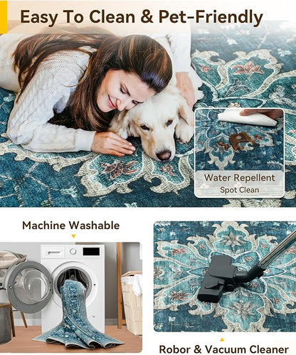 RELEANY Area Rugs 6'x8' Washable Non-Slip, Floral Vintage Distress Print Pattern Medallion Carpet for Living Room Bedroom Dining Room, Teal Green Lake Blue Turquoise