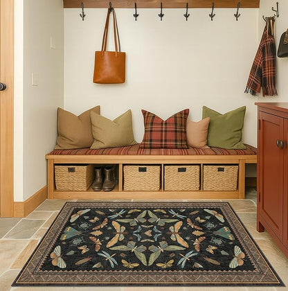 Hazo Haus Black Front Door Mat Indoor Entrance Non Slip Washable - 3x4 Throw Rug for Kitchen, Mudroom, Bedroom Bedside, Insect Boho Vintage Aesthetic Décor