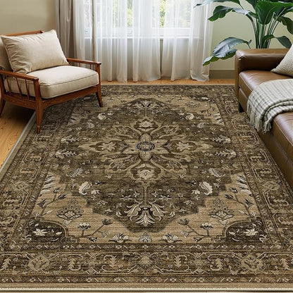 Area Rugs 5'x7' Washable Non-Slip, Floral Vintage Distress Print Pattern Medallion Carpet for Living Room Bedroom Dining Room, Brown Dark Brown