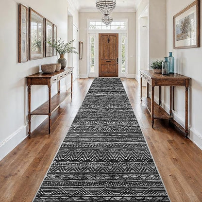 3x18 Washable Kitchen Runner Rug: Modern Moroccan Runners for Hallway Soft Non Slip Rugs with Rubber Backing Low Pile Thin Waterproof Floor Carpet for Entryway Bedroom Bathroom Indoor 3x18 Black