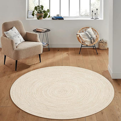 Hausattire Hand Woven Jute Braided Rug, 3’ Round – Off White, Reversible Boho Entry Area Rugs for Kitchen, Living Room I Farmhouse Decorative Floor Rug, 3 Feet Round