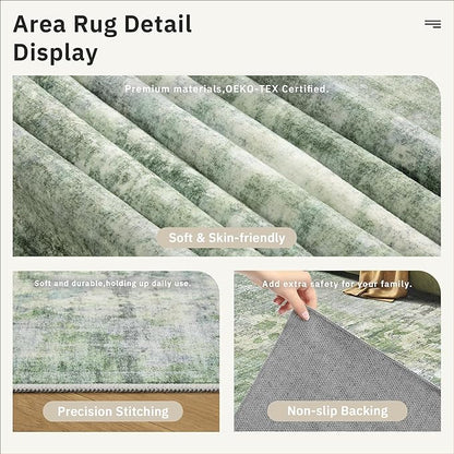 Abstract Rug 8x10 Large Living Room Rugs Neutral Modern Washable Area Rugs for Bedroom Dining Room Non-Slip Stain Resistant Foldable Thin Rug Green