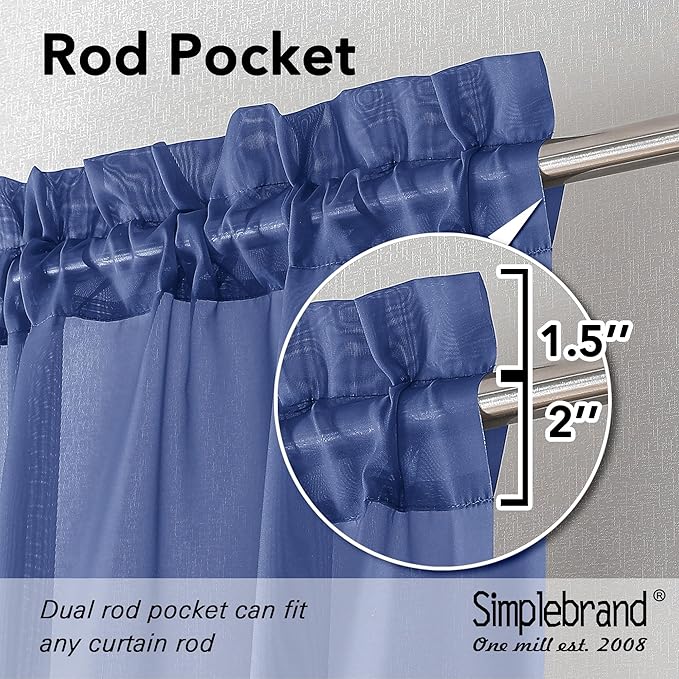Simplebrand Royal Blue Sheer Curtains 63 Inch Length 2 Panels, Rod Pocket Solid Color Window Sheer Curtain Panels, Elegant Curtains & Drapes for Living Room, Bedroom (Royal Blue, 42" W x 63" L)