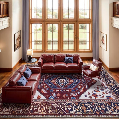SERISSA 9x12 Area Rugs for Living Room, Large Washable Non-Slip Boho Rug, Ultra Soft Vintage Burgundy Navy Oriental Tribal Print Distressed Carpet for Dining Room Bedroom Dorm Office Home Decor
