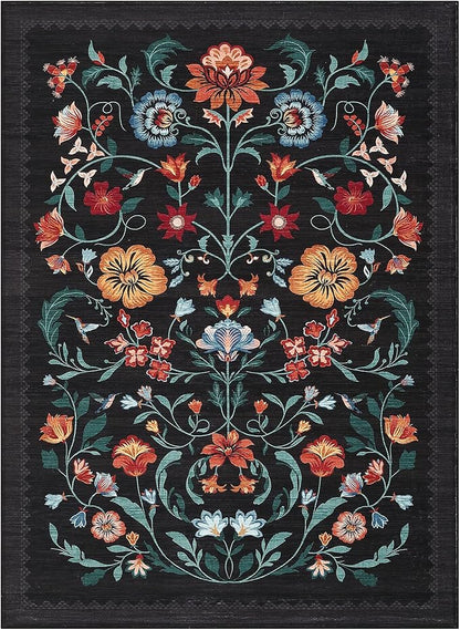 GarveeHome Washable Rug 5x7 Area Rugs for Living Room, Floral Rug for Bedroom, Soft Boho Non Slip Throw Rugs with Rubber Back, Low Pile Stain Resistant Vintage Floral Carpet for Dining Room, Black