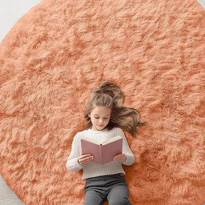 OLANLY Muted Orange Round Rugs for Bedroom - Machine Washable, 7 ft Circle Area Rugs for Living Room, Soft and Fluffy Shaggy Carpet for Teen Girl and Boys, Nursery Rooms, Dorms, Home Decor Aesthetic