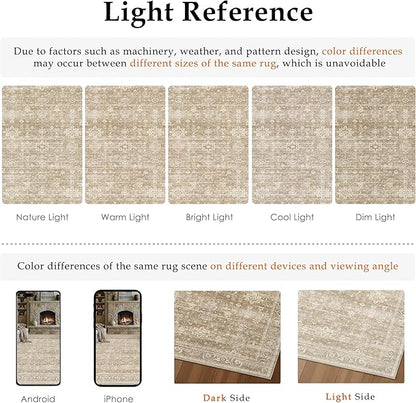 5x7 Washable Area Rug for Living Room Bedroom Vintage Beige Soft Low Pile Carpet Traditional Retro Non Slip Throw Rug for Dining Room Entryway Indoor Dorm Kitchen
