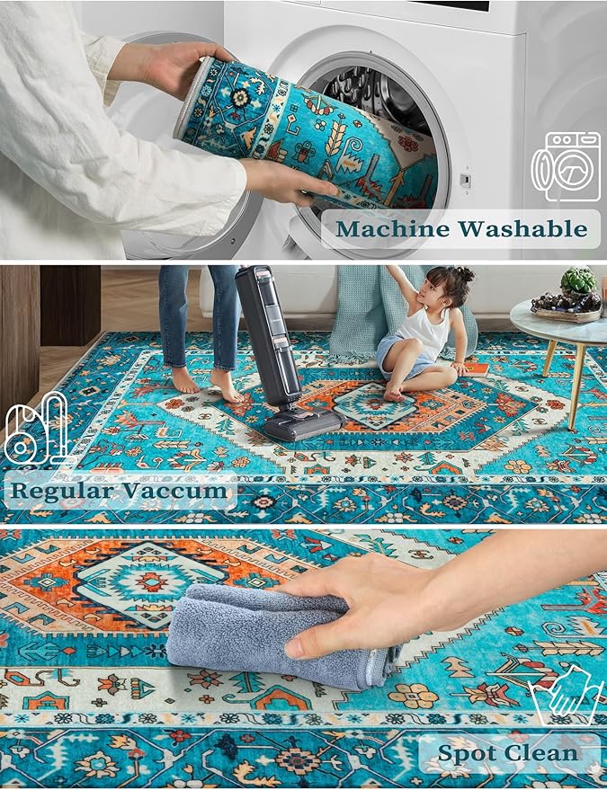 SERISSA Boho Kitchen Runner Rug, 3x7 Washable Non-Slip Runner Rug for Hallways Kitchen Rug, Ultra Soft Vintage Blue Print Distressed Tribal Floor Carpet Runner for Bedroom Entryway Laundry Room