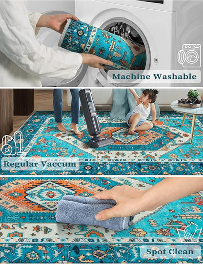 SERISSA Boho Washable Runner Rug, 2'6"x8' Rug Runner Non-Slip Vintage Blue Hallway Kitchen Runner Rug Ultra Soft Print Distressed Tribal Floor Carpet Runner for Bedroom Bathroom Laundry Room