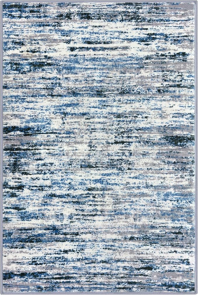 Lansny Modern Abstract 4x6 Living Room Washable Rug Non-Slip Soft Bedroom Area Rug Grey Blue White Thin Print Faux Wool Floor Carpet Throw Rugs for Nursery Playroom Dining Room Indoor Home Decor