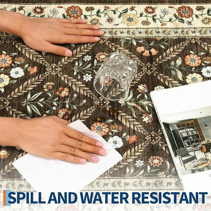 GarveeHome 8x10 Washable Large Living Room Rug Water Resistant Distressed Vintage Floral Non Slip Low Pile Soft Rug for Bedroom Farmhouse Dining Room Kids Playroom Nursery Brown Natural