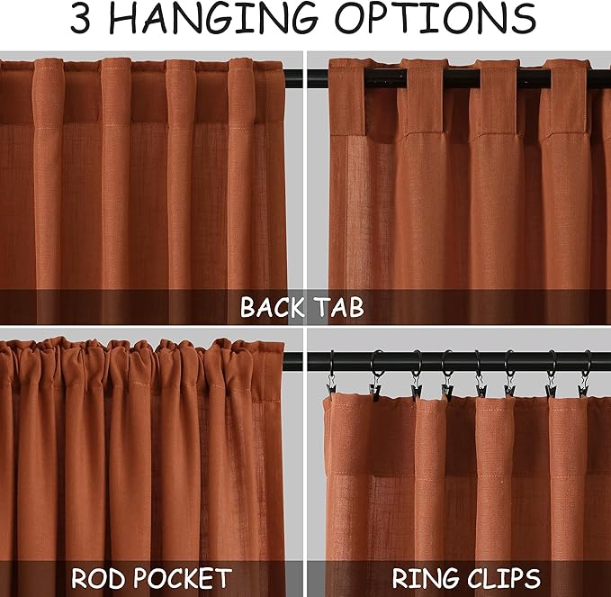 Rust Linen Curtains 95 inches Long 2 Panel Back Tab Rod Pocket Rustic Farmhouse Boho Linen Curtain for Dining Room Brick Burnt Bohemian Fall Decor Terracotta Semi Sheer Curtains 95 inch Length