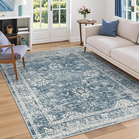Madane 5x7 Area Rugs for Living Room, Washable Vintage Rug with Non-Slip Backing, Soft Floral Print Throw Rugs Floor Low Pile Carpet for Bedroom Dining Room Farmhouse (5 x 7, Cadet Blue)