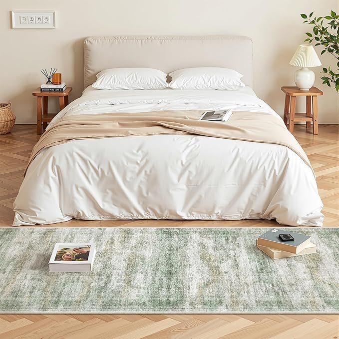 Washable Runner Rugs for Bedroom - 2x6 Runner Rug Non Slip, Ultra-Thin Entryway Runner, Soft Abstract Kitchen Runner for Hallway, Laundry, Indoor Door Mat(2'x6', Green/Yellow/Ivory)