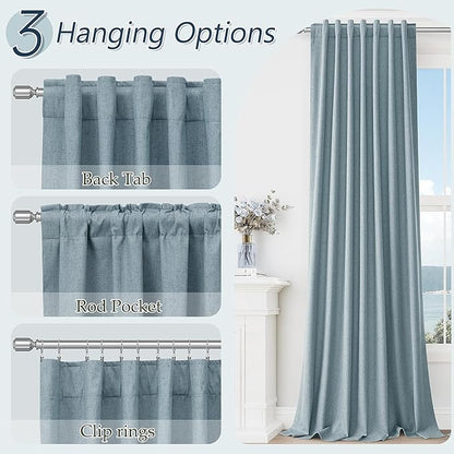 Guken Blue 100% Blackout Linen Curtains 100 Inch Length 2 Panels Set for Living Room Bedroom Back Tab Thermal Insulated Black Out Drapes Room Darkening Farmhouse Window Curtains Dusty Blue