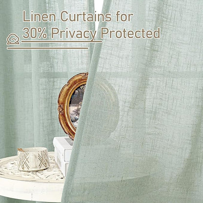 LAMIT Short Linen Window Curtains 40 Inch Length 2 Panels, Light Sage Semi Sheer Light Filtering Panels Back Tab and Rod Pocket Neutral Drapes for Basement/Window/Loft Room, 34 x 40 Inch