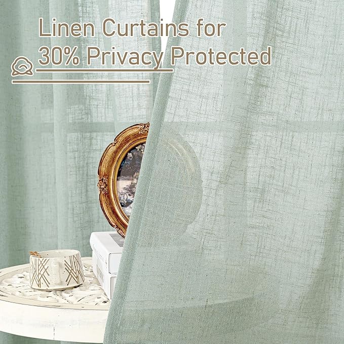 LAMIT Faux Linen Curtains 63 inches Long for Bedroom, Back Tab and Rod Pocket Linen Drapes Light Filtering Semi Sheer Curtains for Small Window/Farmhouse, 2 Panels (52 x 63 Inch, Light Sage)