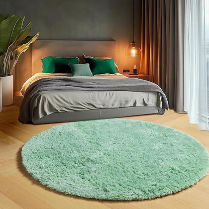 ONASAR Sage Green Round Area Rugs 5ft, Fluffy Soft Bedroom Circle Rug for Kids Girls Boys Teen Room, Cute Furry Plush Shaggy Carpet Floor Mat for Nursery Living Room Playroom Dorm Home Decor