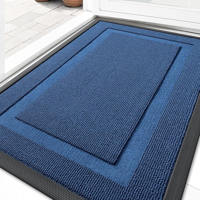 OLANLY Front Door Mat Indoor Outdoor Entrance, Waterproof All-Season, All-Weather Doormat, Sturdy Natural Rubber, Low Profile, Easy Clean Patio Porch Entryway Mat, 33x21, Navy Blue