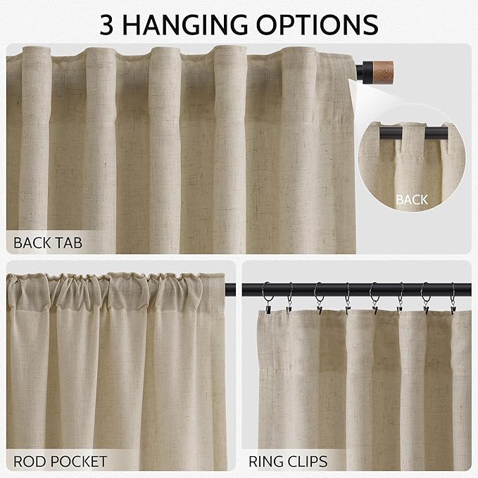 Nanspring Eggshell Beige Linen Curtains 84 Inches Long for Living Room Light Filtering Semi Sheer Curtain Back Tab Rustic Coastal Decor Elegant Neutral Luxury Drapes for Bedroom 52x84, 2 Panels
