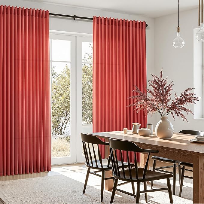 Christmas Red Linen Curtains 72 Inches Long for Living Room Light Filtering Semi Sheer Curtain Back Tab and Rod Pocket Vintage Rustic Luxury Home Decor Neutral Drapes for Bedroom 52x72, 2 Panels