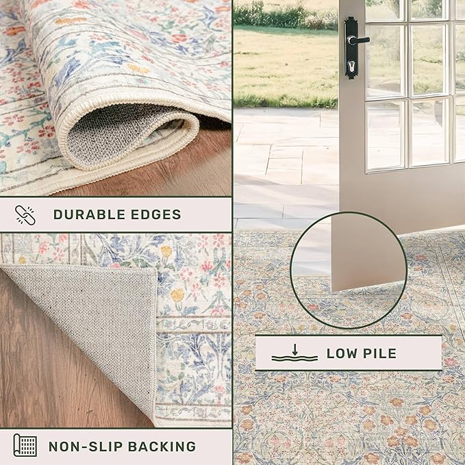 Beige Blue Living Room Rug 5x7, Cottage Area Rug for Bedroom, Vintage Washable Floral Mat for Nursery, Office, Low Pile Non Slip Stain Resistance French Country Style Retro Indoor (5x7 Beige Blue)