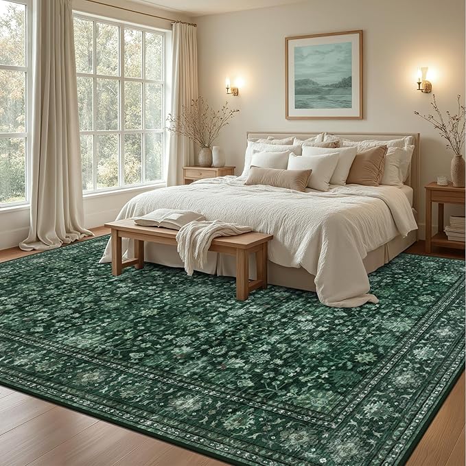 Area Rugs 9x12 Living Room Rug: Washable Rug Soft Vintage Distressed Floral Carpet Indoor Non-Slip Stain Resistant Large Carpets for Bedroom Dining Room Farmhouse Nursery Home Office Deep Green
