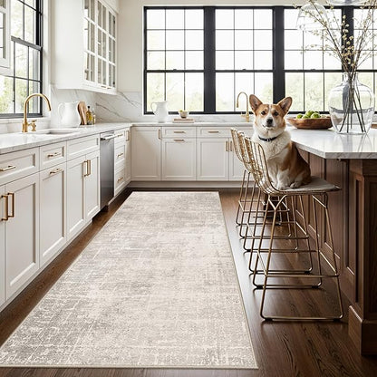 Washable 4x8 Hallway Area Rug: Abstract 8ft Water Resistant Soft Entry Kitchen Runner Rug Non-Slip Low Pile Carpet for Living Room Bedroom Thin Floor Mat for Bathroom Dining Room(4x8，Beige/Cream)