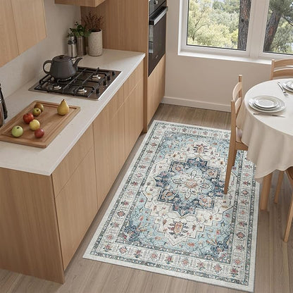 Madane Washable Entry Rug 3x4, Area Rugs for Entryway Kitchen Bathroom Door Mat Indoor Entrance, Vintage Floral Print Office Runner with Non Slip Rubber Backing, Blue