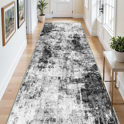 4x8 Wide Washable Runner Rug: Easy-to-Clean Runners for Hallway Entryway Kitchen Bedroom Living Room - Stain and Water Resistant Rugs with Non-Slip Backing - Soft Low-Pile Carpet Black Grey