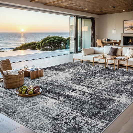 Area Rugs 9x12 Living Room - Washable Rug Modern Abstract Soft Large Neutral Non-Slip Carpet Indoor Floor Thin Carpets for Bedroom Dining Room Farmhouse Nursery Home Office Dark Black