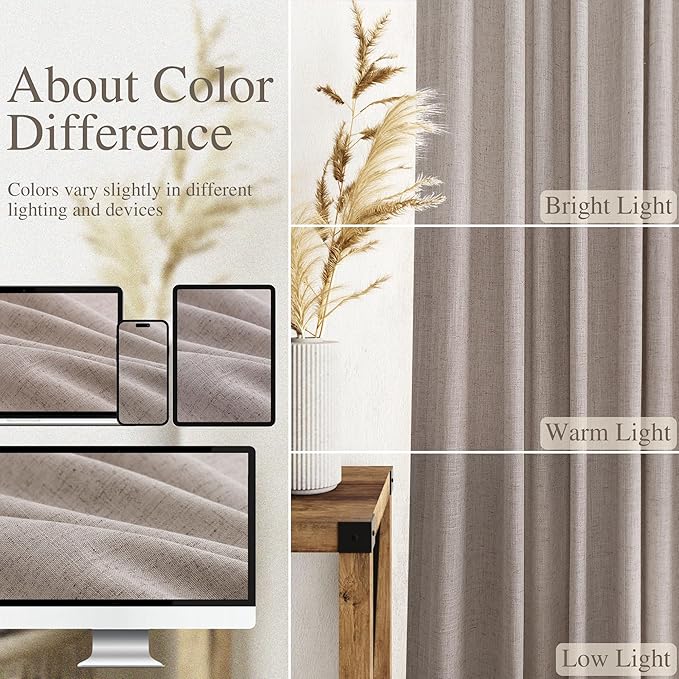 Brownish Grey Linen Curtains 63 Inches Long for Bedroom Back Tab Light Filtering Privacy Sheer Curtains Modern Farmhouse Coastal Decor Cotton Textured Gauze Curtain for Bathroom 2 Panel Set