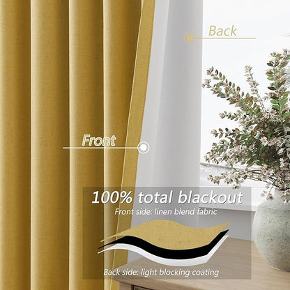 Guken 100% Blackout Curtains 72 Inch Length 2 Panels Set for Living Room Bedroom Back Tab Thermal Insulated Black Out Linen Drapes Room Darkening Window Curtains 72 Inches Long,Gold