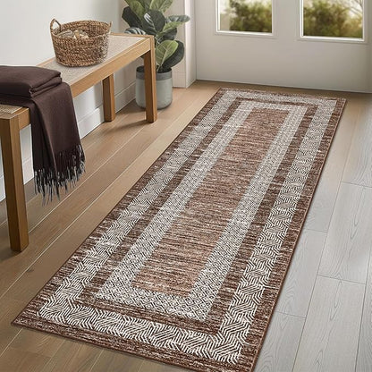GarveeHome Washable Runner Rug 2x6 Modern Hallway Rug Non Slip Entryway Runner, Geometric Bordered Printed Carpets, Low Pile Thin Foldable Floor Mats, Soft Non Shedding for Kitchen Laundry, Brown