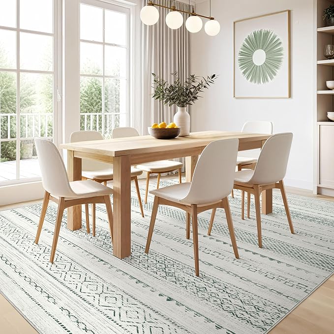 Nakagishi Green Rug Living Room Rugs: 7x9 Washable Boho Large Neutral Soft Farmhouse Stain Resistant Modern Non Slip Indoor Floor Carpet for Bedroom Nursery Kids Playroom Office Dining Room Home