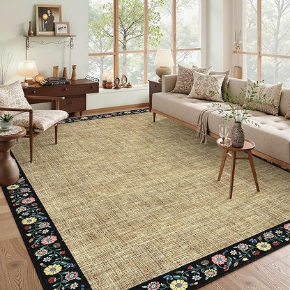 GarveeHome Washable Rugs for Living ROM 8 x 10 Large Area Rug Farmhouse Floral Bordered Bedroom Carpet Indoor Non-Slip Nursery Mat Soft Non Shedding Stain Resistant Carpet for Dining Room, Brown