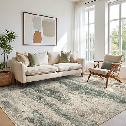 BEIMO Area Rugs 10x14 for Living Room Bedroom, Modern Abstract Machine Washable Rug, Large Soft Low Pile Floor Cover with Non Slip Backing for Dining Room, Grey/Dark Green