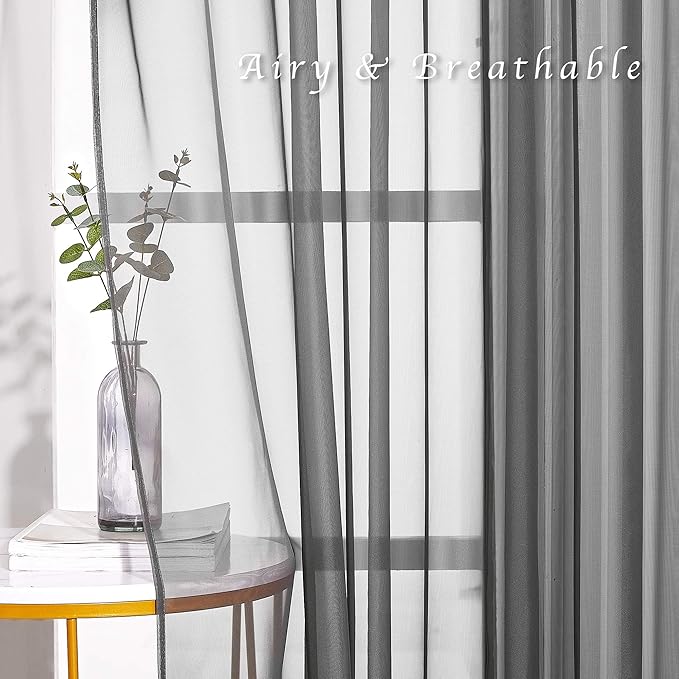 NICETOWN Sheer Curtains 108" Extra Long - Grommet Top Soft Voile Texture Window Draperies for Villa/Cottage (108" Wide Total 2 Pieces, Dark Grey)