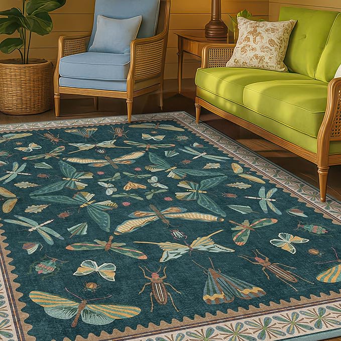 Hazo Haus Insect Teal Green 5x7 Area Rug for Living Room - Cottage Core Rug for Bedroom, Dining Room, Kids Playroom, Home Office, Floral Vintage Whimsical Butterfly Washable Non Slip Floor Décor