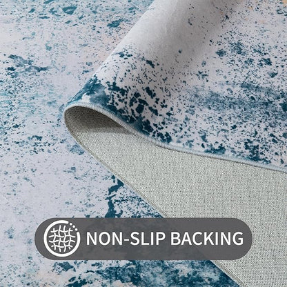 Ompaa Living Room Rug 5x8 Aqua Blue Area Rug Machine Washable Boho Rug Non Slip Abstract Vintage Indoor Large Rugs for Bedroom, Classroom, College Dorm, Farmhouse, Dining Room, Kids Playroom