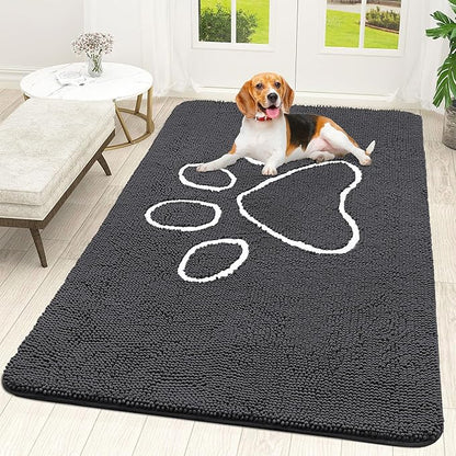 OLANLY Dog Door Mat for Muddy Paws 59x35, Paw Print Design, Absorbs Moisture and Dirt, Absorbent Non-Slip Washable Doormat, Quick Dry Chenille Mud Mat for Dogs, Entry Indoor Entryway Carpet, Dark Grey
