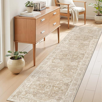 Madane Rug Runner for Hallways 2.5x8, Washable Kitchen Runner Rugs with Non Slip Backing, Soft Floral Print 2'6''x8 Carpet Runners for Laundry Room, Bedroom, Beige/Brown