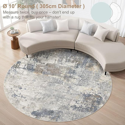 10ft Round Area Rug Living Room Rugs - 10x10 Washable Large Neutral Modern Abstract Soft Thin Rug Indoor Floor No Slip Rug Carpet for Bedroom Under Dining Table Home Office Decor - Blue Grey