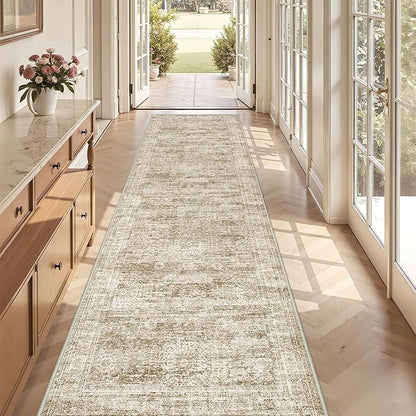 3x12 Runner Rug for Hallway, Non-Slip Long Bathroom Rugs Runner for Kitchen, Bedroom, Soft Vintage Abstract Washable Rug for Entryway, Thin Floor Mat for Dining Room(3'x12', Brown/Ivory)